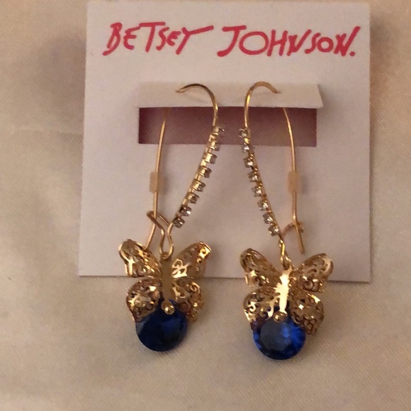 Betsey Johnson Gold Tone Filigree Butterfly With Blue Crystal Drop Earrings NWT - Picture 4 of 9